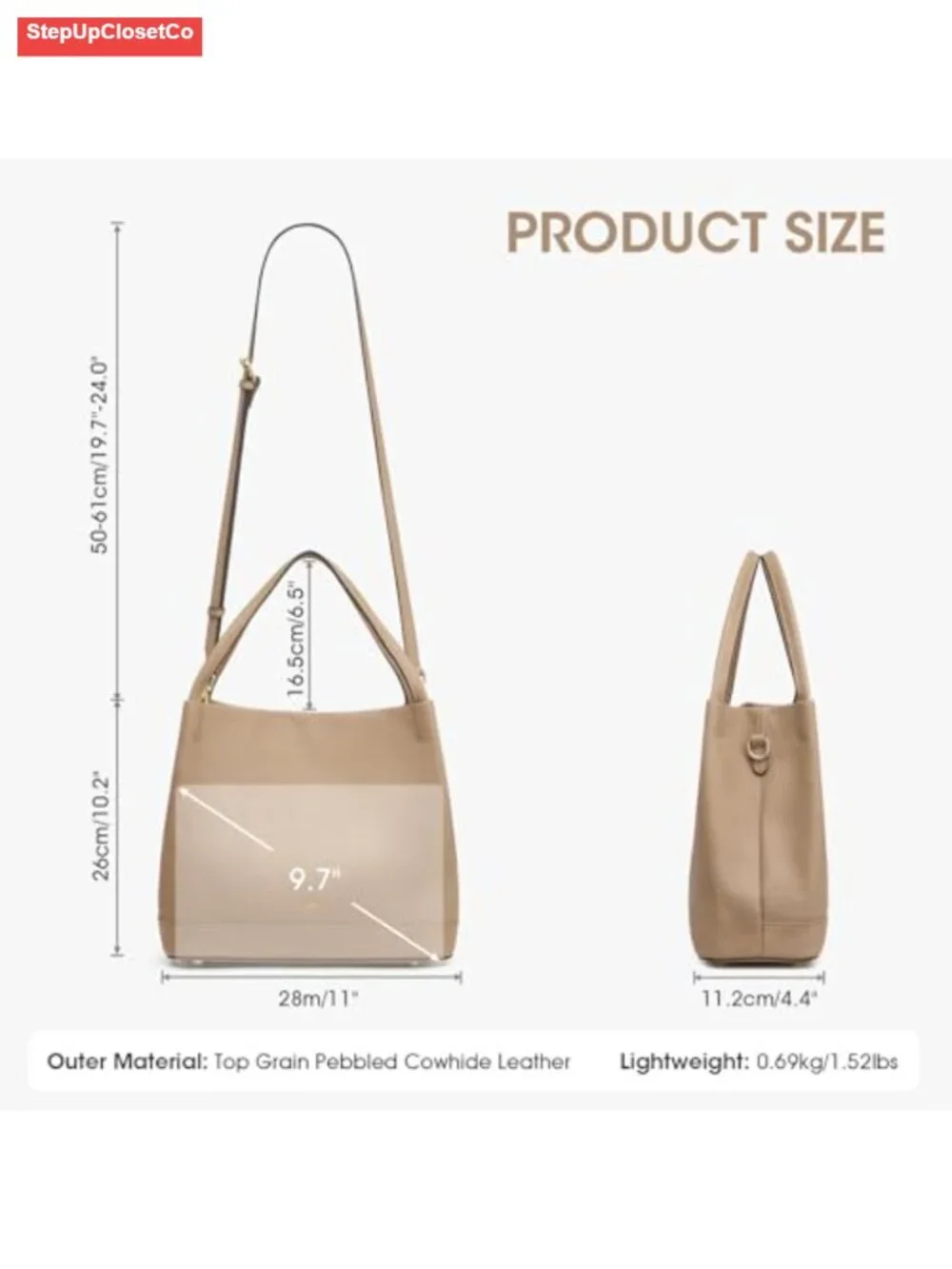 Genuine Leather Bucket Bag Women Crossbody Detachable Strap